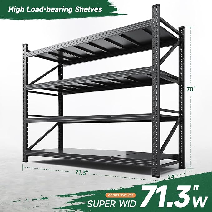 Letaya 71.3" W Metal Storage Shelves,5000LBS Heavy Duty Garage Shelving Units, 4 Tier Adjustable Utility Rack Shelf,Large Industrial Shelves,for Shop,Warehouse,Black (71.3" W x 24" D x 70" H) - Image 2