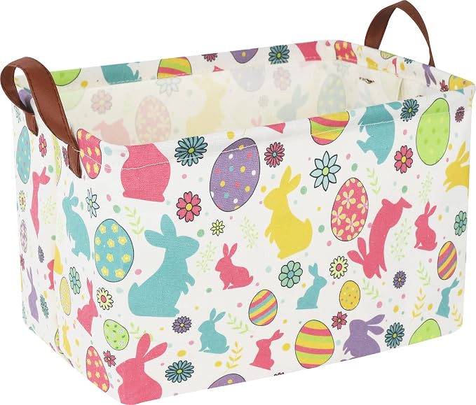 CLOCOR Easter Eggs Basket Empty with Colorful Eggs-pattern,Rectangular Easter Gift Basket with Handles for Boys and Girls,Toys Bin,Room Decor(Easter Eggs Basket) by CLOCOR