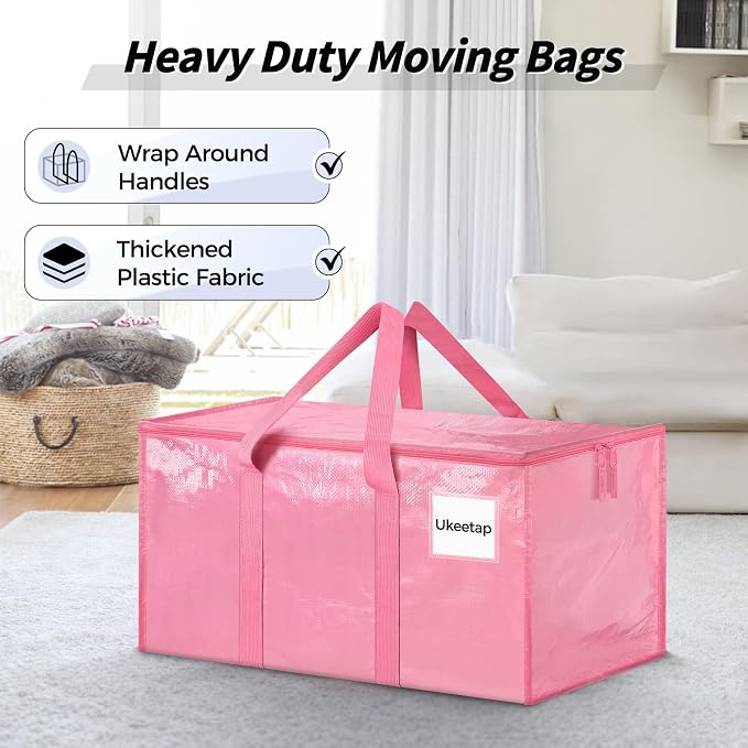 16 Pack Extra Large Heavy Duty Moving Bags, Pink Storage Bins with Lids, Reinforced Handles & Heavy-Duty Zippers Moving Boxes Storage Bags Totes for Clothes Packing, Dorms, College Supplies, Pink - Image 4