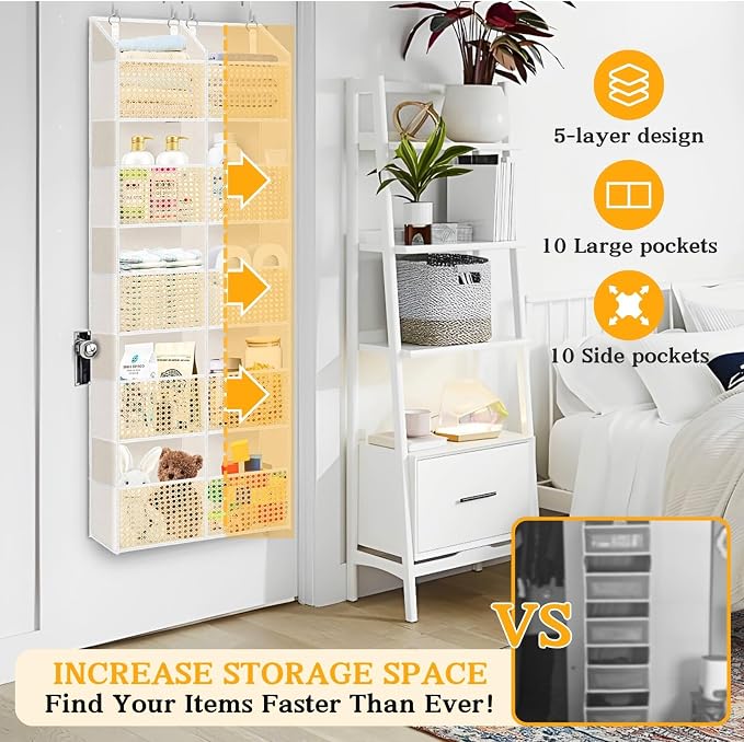 Over The Door Organizer 5 Tiers, Extra Large Behind Door Storage of 10 Compartments, 80 lbs Weight Capacity Hanging Storage Organizer with Clear Window Kids Toys, Shoes,Diapers, Braided Style - Image 3