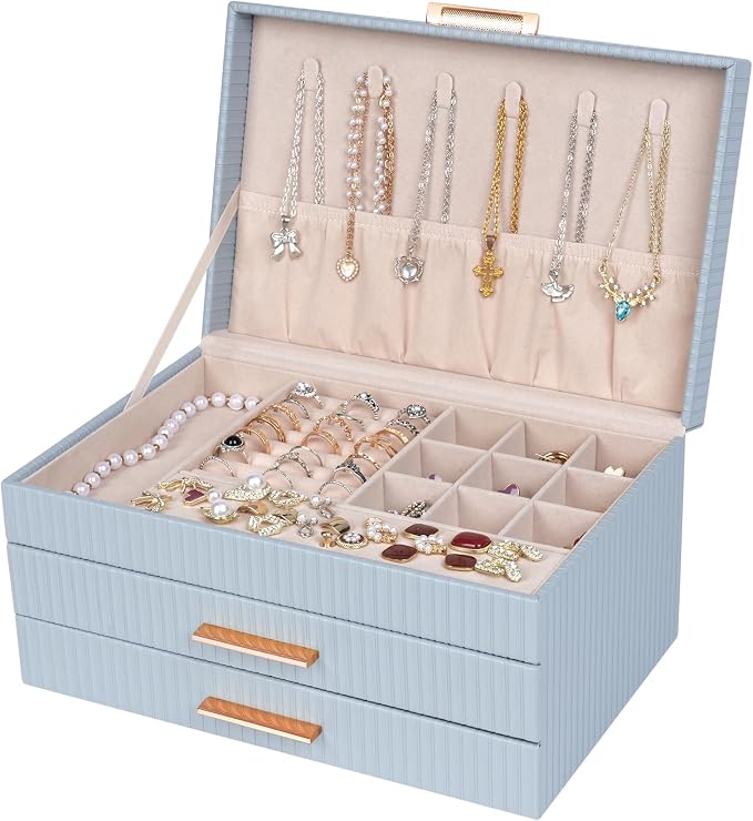 Dajasan Jewelry Box Organizer, 3-Tier Jewelry Storage with 2 Drawers, Large Jewelry Boxes for Women, PU Leather Surface with Texture, Gift Idea, Modern Style, 10.71 x 7 x 5.6 Inches (Smoky Blue) by DAJASAN