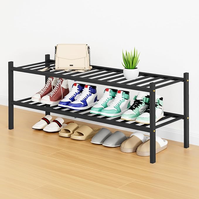 Smiry Shoe Rack, 2 Tier Long Bamboo Shoe Organizer, Stackable Free Standing Wooden Shoe Storage Shelf for Closet, Entryway, Front Door Entrance, Black by Smiry