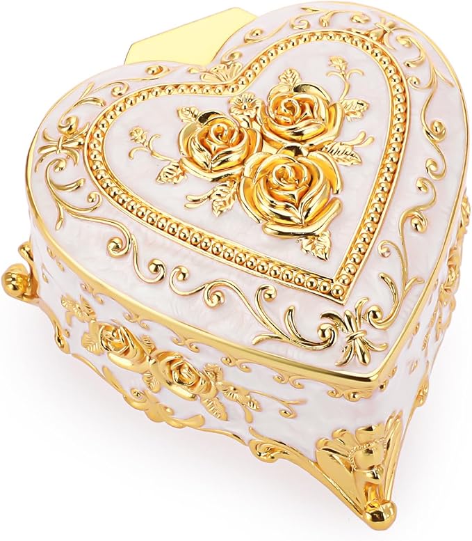 Hipiwe Vintage Metal Jewelry Box - Heart Shape Trinket Organizer Ring Box Case with Rose Pattern Jewelry Storage Box for Ring Earrings Necklace, Gift for Women - Image 9