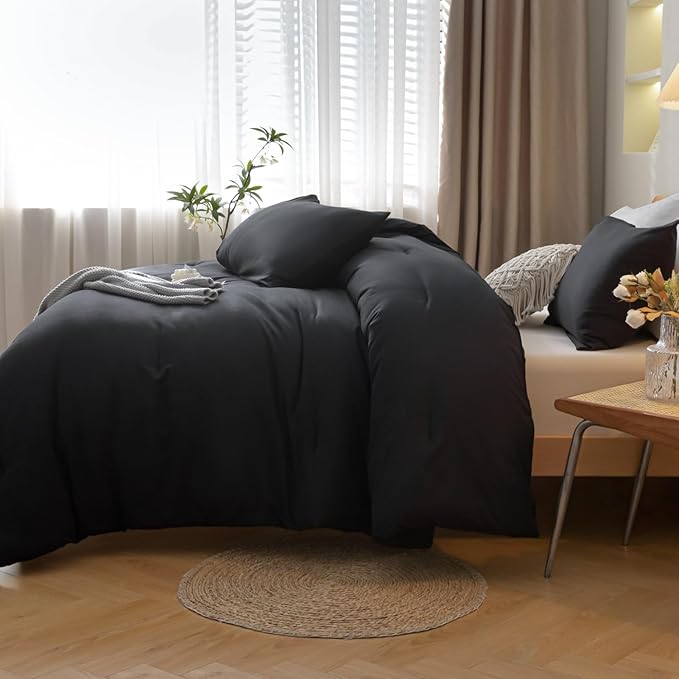 ROSGONIA Comforter Full Size Black for Girls Boys Teens, 3pcs (1 Boho Comforter & 2 Pillowcases), Lightweight Dorm Bedding Soft All Season Bed Set