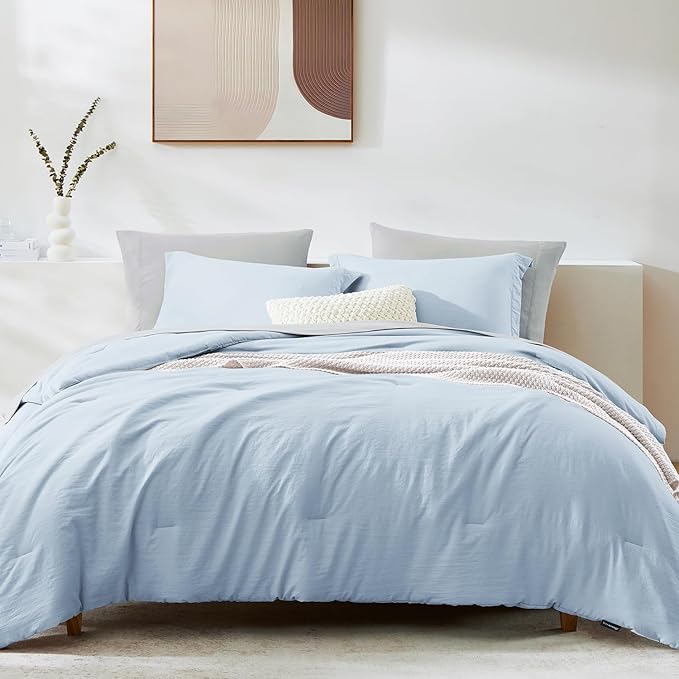 WRENSONGE Queen Comforter Set - 7 Pieces Ice Blue Soft Bed in a Bag Queen with Fitted Sheet, Flat Sheet, 2 Pillow Shams, and 2 Pillowcases- Warm Bedding Sets for All Season