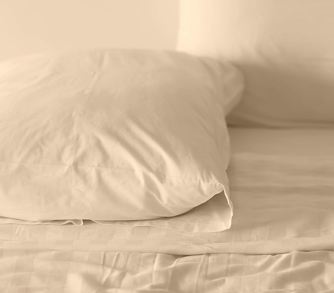 RUVANTI 100% Cotton Sheets – Full Size Percale Bedding, Cooling & Breathable, Durable with a Crisp, Soft & Comfortable Feel, 16" Deep Pocket, 4-Piece Set, Beige