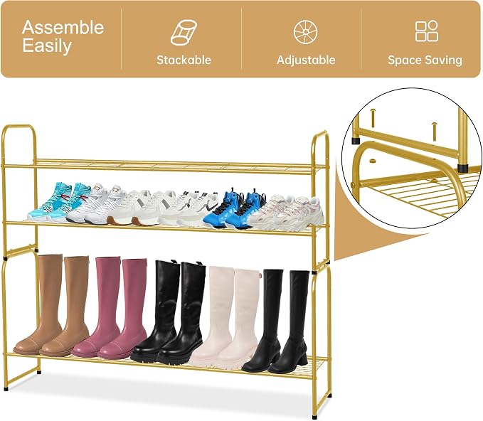 KEETDY 2-Tier Long Shoe Rack for Closet Metal Shoe Organizer for Entryway, Wide Stackable Shoe Storage Shelf with Sturdy Wire Grid for Closet Floor, Bedroom, Gold - Image 6
