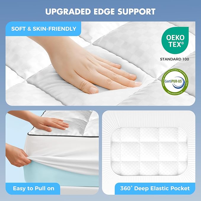 Queen Size Dual Layer 4 Inch Memory Foam Mattress Topper for Pressure Relief, 2" Breathable Pillow Top Plus 2" Cooling Gel Memory Foam Mattress Pad, 21" Elastic Pocket, Medium Support, White