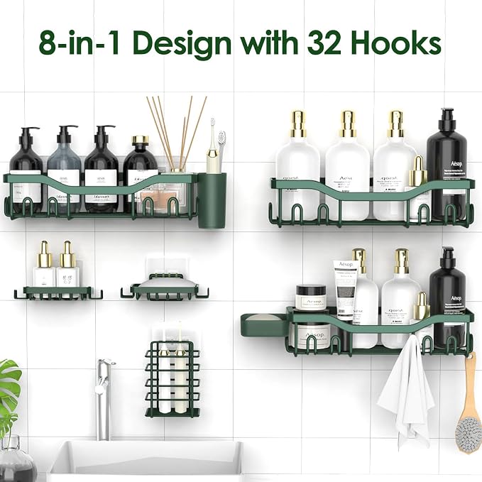 NESOMI Shower Caddy Adhesive Shower Organizer 8-Pack, Rustproof Stainless Steel Bathroom Shelves, Large Capacity No-Drill Rack Storage Accessories with Soap Dish Toothbrush Holder Hooks - Image 4