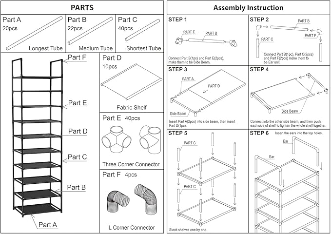FIDUCIAL HOME 10 Tiers Shoe Rack 20-25 Pairs Sturdy Shoe Shelf - Image 7
