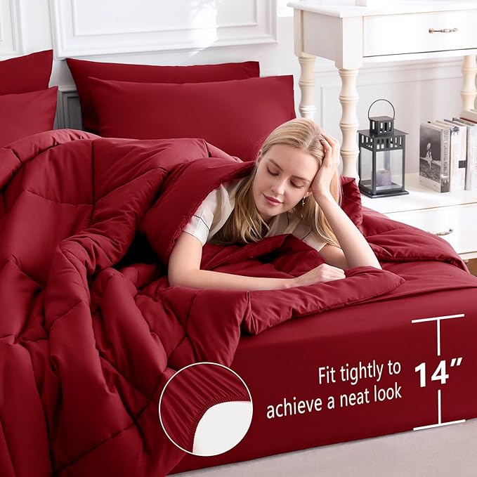 CozyLux Full Size Comforter Sets Dark Red, 7 Pieces Bed in a Bag, Red Comforter Full Size, All Season Bedding Sets with Stitch Quilted Comforter, Flat Sheet, Fitted Sheet, Pillowcases