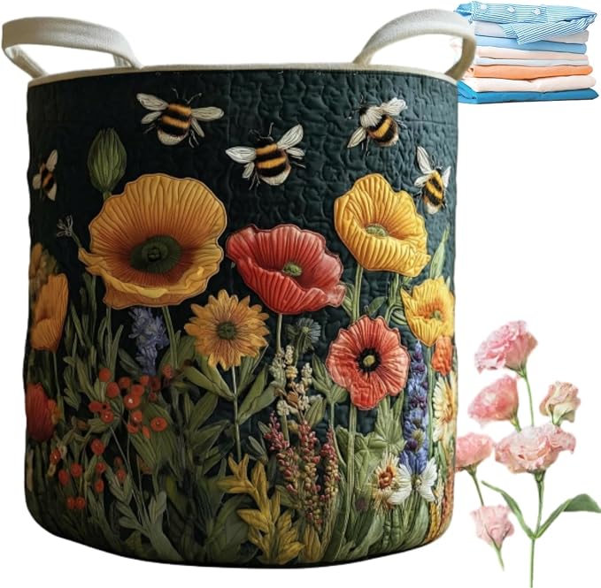 Aiorrax Quilted Laundry Basket with Handles, Boho Floral Fabric Storage Hamper, Large Soft Quilted Laundry Basket for Nursery, Bedroom, Laundry Room,Clothes & Toys (L, L) by qusanii