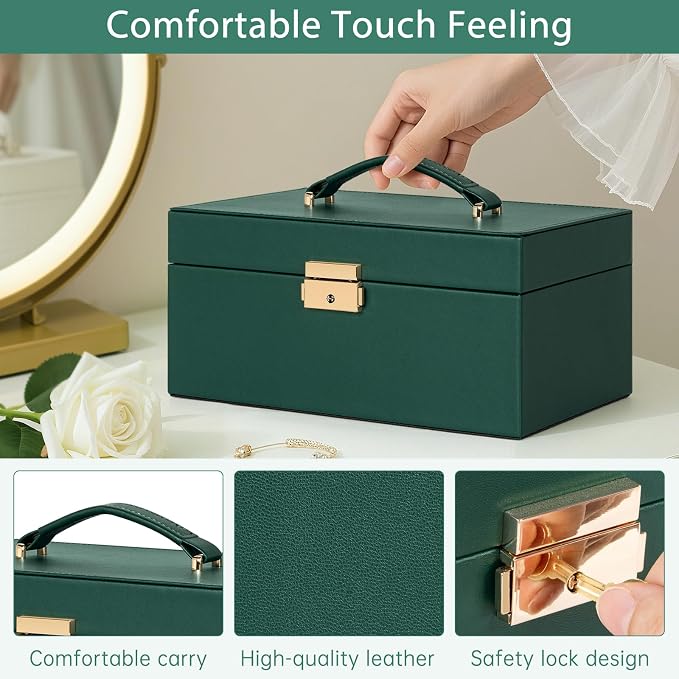 AKOZLIN Travel Jewelry Box Organizer Functional 2-trays Leather Jewelry Storage Case with Lockable Portable for Women Girls Ring Necklace Earring Bracelet - Image 6