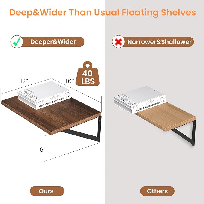 Heimlove 12 Inch Deep Floating Shelves for Wall, 16W x 12D Wood Wall Shelves Set of 2, Walnut Wide Floating Bookshelf for Living Room, Kitchen, Office, Bedroom, with Black Metal Bracke - Walnut - Image 3