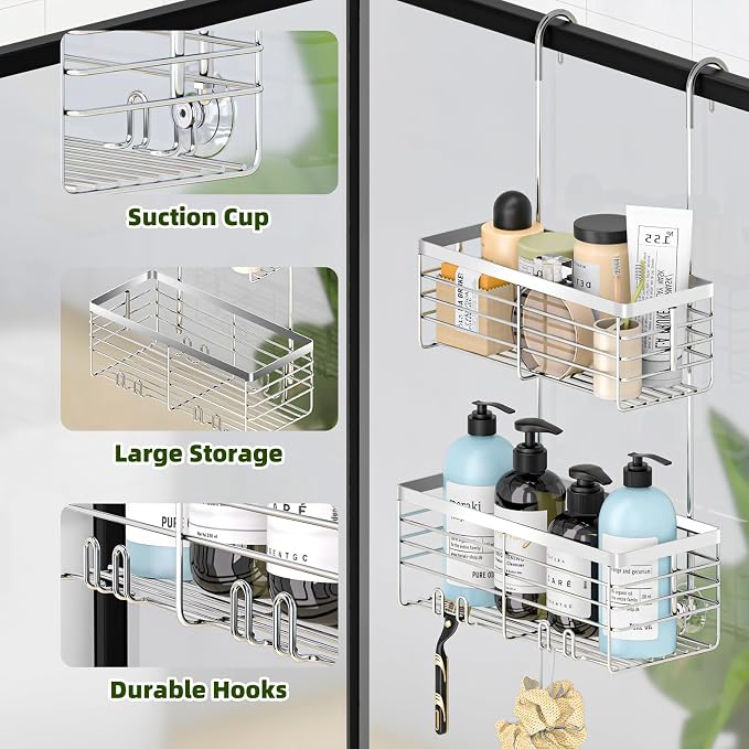 YUOROS Shower Caddy Hanging, 2 Tier Over the Door Shower Organizer Rack 304 Stainless Steel Rustproof Bathroom Storage Shampoo Holder Basket (Silver) - Image 3
