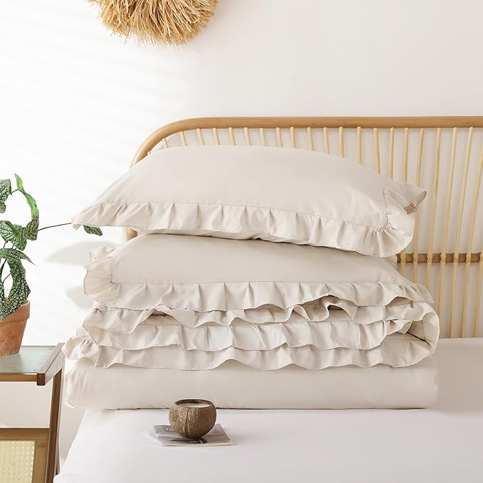 JANZAA Twin Comforter Set Beige Ruffle Comforter with 1 Pillowcase Soft Twin Size Bed Set Vintage Farmhouse Bed Comforter Set Fluffy Shabby Chic Bedding for All Season
