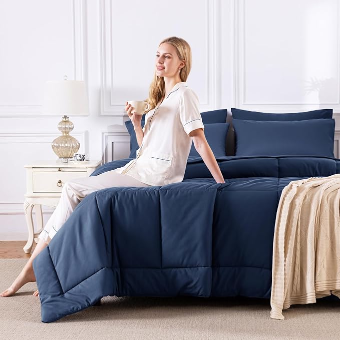 CozyLux King Size Comforter Set Navy Blue, 7 Pieces Bed in a Bag, Navy Blue Comforter King Size, All Season Bedding Sets with Stitch Quilted Comforter, Flat Sheet, Fitted Sheet, Pillowcases