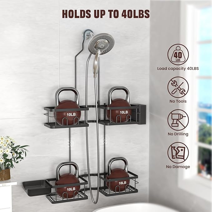 REINHARDT Adjustable Shower Caddy Hanging Rustproof Shower Caddy for Handheld Showerheads, Shower Organizer with Hooks Soap Holder Toothbrush Holder, Anti-Swing Shower Rack Bathroom Accessories, Black - Image 3