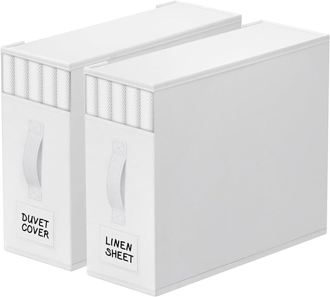StorageTastic 2 Pack Bed Sheet Closet Organizers and Storage,Sturdy Foldable Storage Containers with Window and Label,Storage and Organization for Bedding Sheets,Duvet Covers,Blankets (White) by StorageTastic