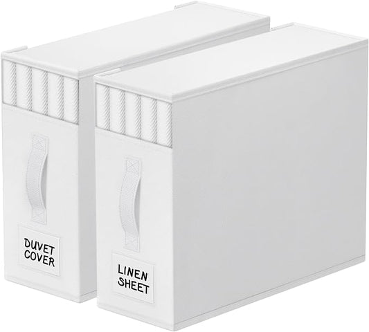 StorageTastic 2 Pack Bed Sheet Closet Organizers and Storage,Sturdy Foldable Storage Containers with Window and Label,Storage and Organization for Bedding Sheets,Duvet Covers,Blankets (White) by StorageTastic