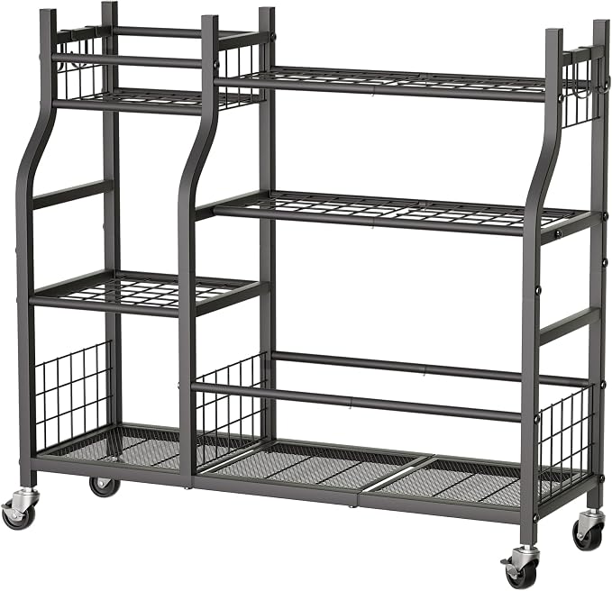 Garden Tool Organizer with Wheels for Garage and Shed, Spacious Tool Storage, Multi-Tier Design with Side Hooks for Rakes, Shovels, Brooms, and Yard Tools Rolling Cart - Image 6