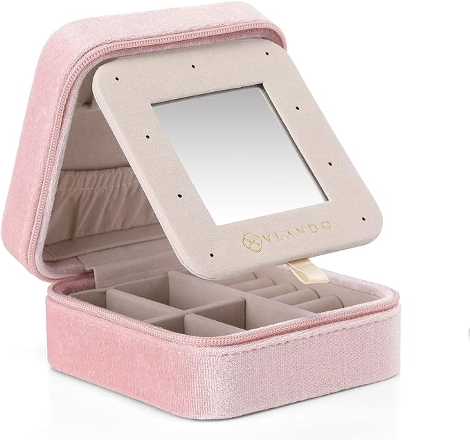 Vlando Small Travel Jewelry Box Organizer Display Case for Rings Earrings Necklaces Storage, Selected Soft Velvet, Letter J Engraved, Pink - Image 5