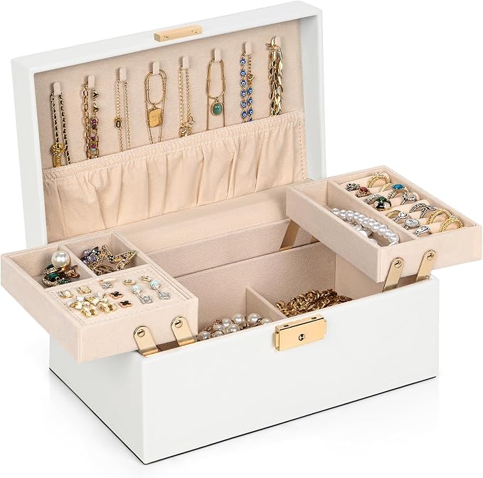 AKOZLIN Travel Jewelry Box Organizer Functional 2-trays Leather Jewelry Storage Case with Lockable Portable for Women Girls Ring Necklace Earring Bracelet by AKOZLIN