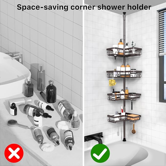 KEGII 4-Tier Corner Shower Caddy Tension Pole - Waterproof Shower Rod Organizer, Floor to Ceiling Tension Rod 25-114.2 inch, Stainless Steel Corner Shower Shelf, Bronze - Image 7