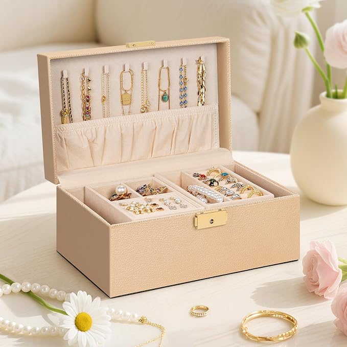 AKOZLIN Travel Jewelry Box Organizer Functional 2-trays Leather Jewelry Storage Case with Lockable Portable for Women Girls Ring Necklace Earring Bracelet Champagne - Image 6