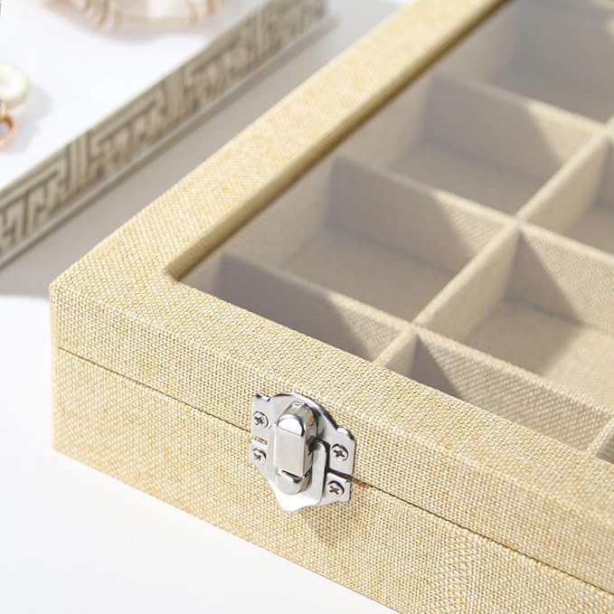 Coward Jewelry Organizer Box, Yellow Linen 24 Grids Ring Earring Jewelry Display Tray Case with Transparent Glass Lid for Home Drawer or Shop Selling - Image 4