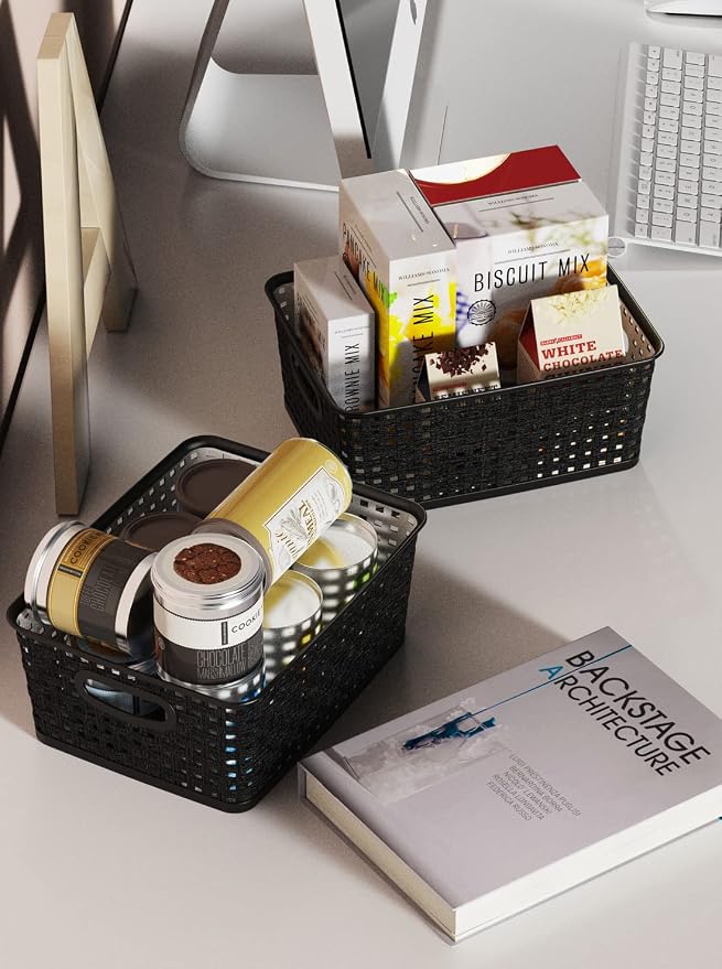 WYT Woven Storage Organizer Basket, 6-Pack Black Plastic Weave Baskets, 10.1 x 7.55 x 4.1 - Image 8