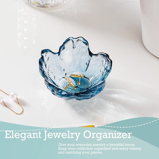 Binoster Blue Flower Glass Ring Dish Jewelry Tray Ring Holder Dish Cute Room Decor Vanity Organizer for Nightstand or Bathroom Aesthetic Trinket Dish Gift for Wife Mom Daughter - Image 3