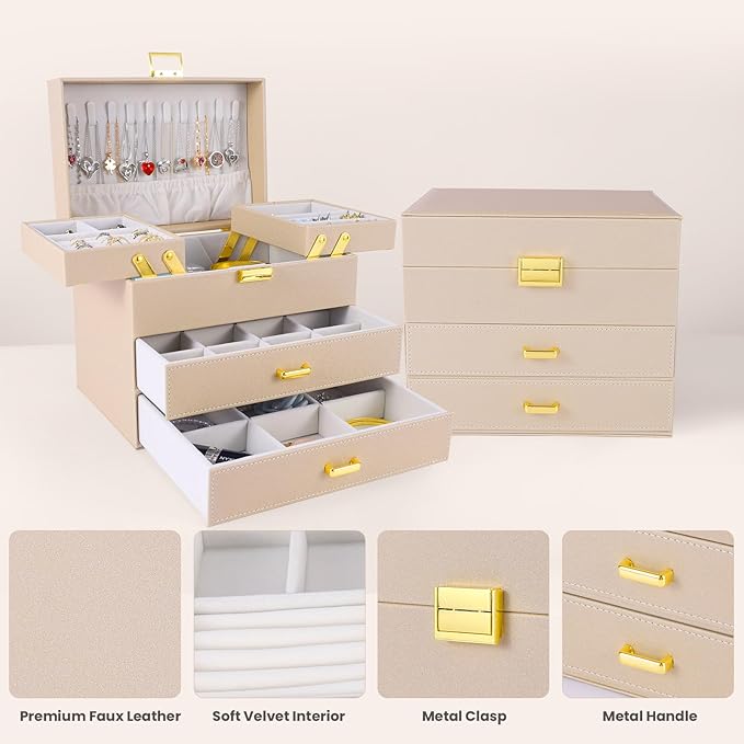 Dajasan Jewelry Organizer Box, Jewelry Holder Organizer Box, PU Leather Jewelry Box, Gift Idea for Valentine's Day, Birthday, Mother's Day, Christmas (Champagne) - Image 5