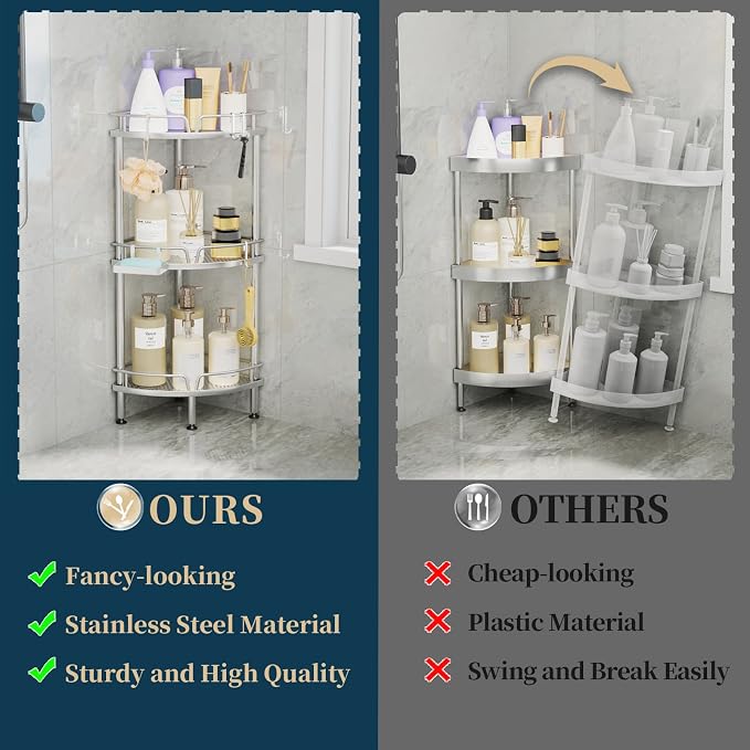 Consumest Corner Shower Caddy Stand - 3 Tier Shower Organizer with Soap Holder, Tall Floor Corner Shelf Standing with Adjustable Feet & 4 Hooks, Storage Rack for Bathroom, Silver - Image 2
