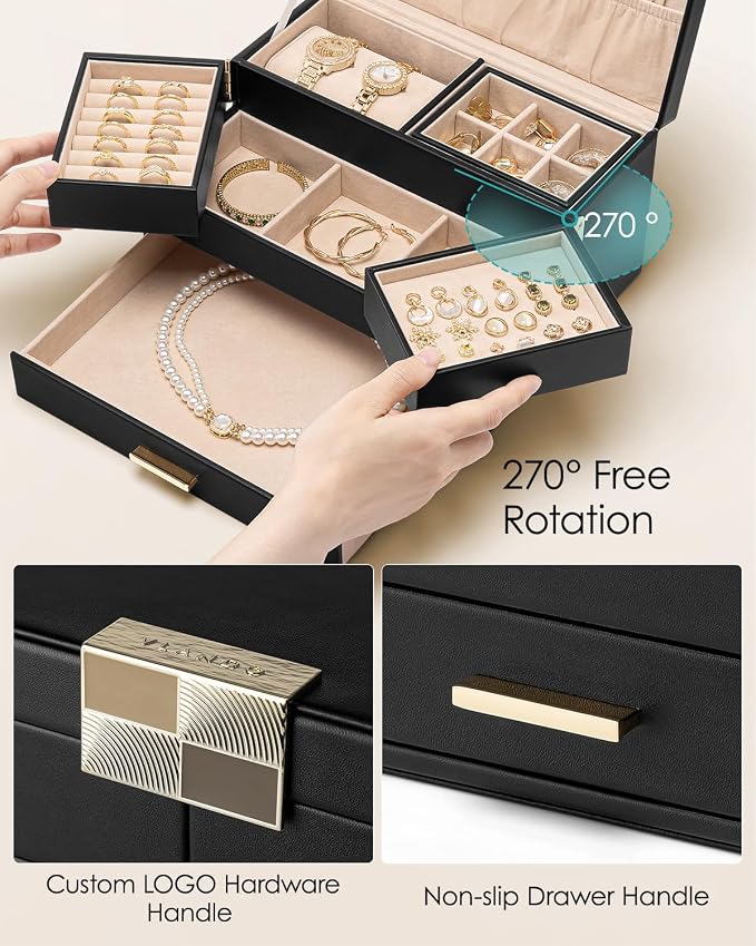 Vlando 3 Layer Jewelry Box - Women Jewelry Box with Retractable Tray - Jewelry Organizers with Drawer for Necklaces, Rings, Bracelets, Earrings, Gift for Couples Mom Girls - Black - Image 4