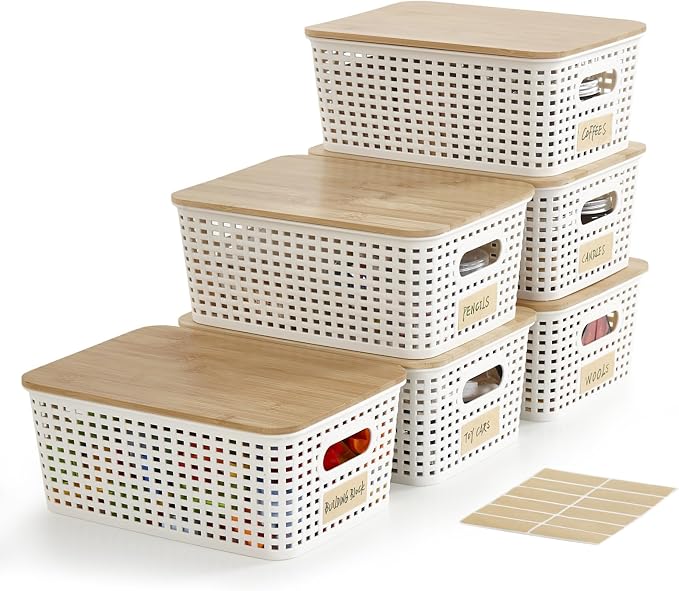 Bagnizer Small Plastic Storage Bins with Bamboo Lids 5.2qt Stackable Box Basket Pantry Decorative Containers Cute with Labels for Organizing Desktop Closet Office Cream White of 6 packs 10*7.2*4.1" by Bagnizer