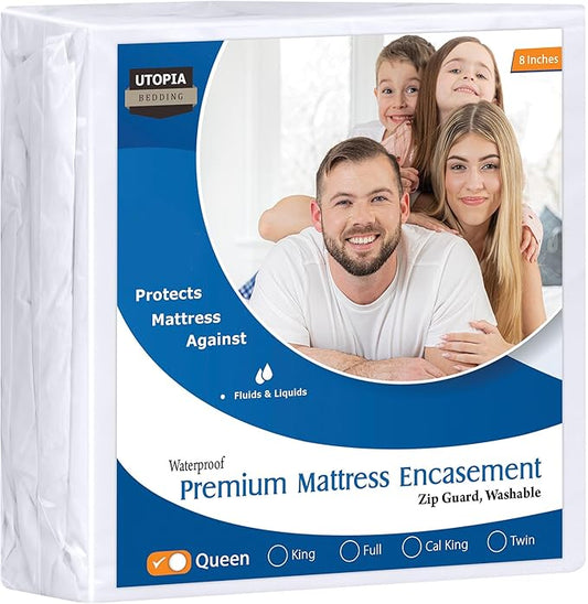 Utopia Bedding Premium Waterproof Bed Bug Mattress Cover, Queen Zippered Mattress Protector, 8 Inches Deep, Dust Mite Proof 6-Sided Mattress Encasement for Bed