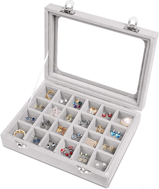 Jewelry Box 24 Grid Velvet Jewelry Tray for Drawers Glass Clear Lid Showcase Display Storage Ring Trays Holder Earrings Organizer Case(Grey) by Unknown