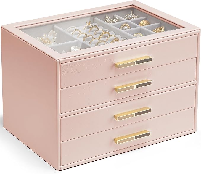 Vlando 4 Layer Jewelry Box for Women, Glass Lid Jewelry Organizer with 4 Drawers for Necklaces Rings Earrings Bracelets - Dark Pink by VLANDO