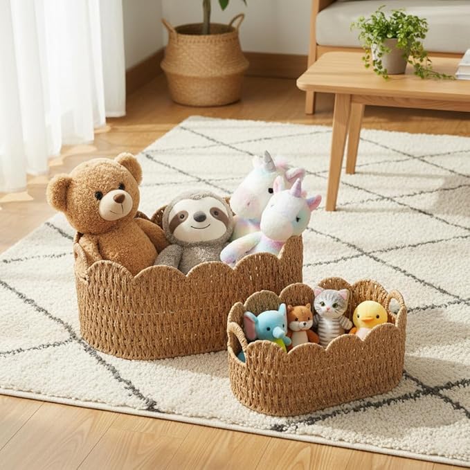Coeusy Paper Rope Scalloped Basket Set of 2,Woven Storage Baskets for Shelves,Laundry,Towels,Clothes,Books,Toys,Cute Decor Baskets for Organizing,Natural Color - Image 5