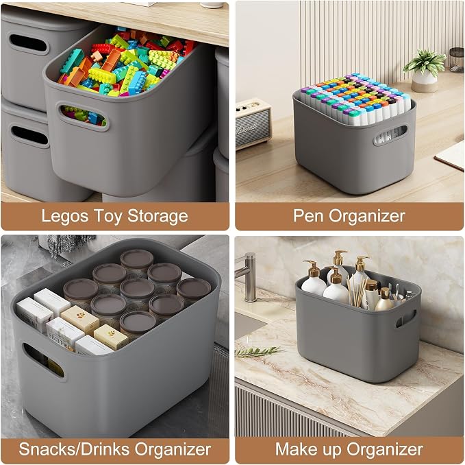 ORGIDOL 8 Pack Dark Grey Storage Bins with Lids Stackable Storage Container for Organizing, Storage Boxes with Handle for Shelves, Cute Organizer Bins for Craft, Snacks, 9.85x6.9x5.7 inch - Image 6