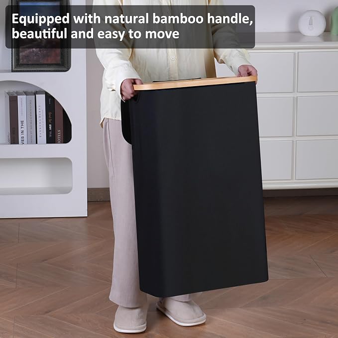 60L Slim Laundry Hamper,Laundry Basket with Lid,Tall Hamper for Laundry,Dirty Cloth Hamper with Bamboo Handle for Toys,Towels, Clothes Organizing,Black - Image 6