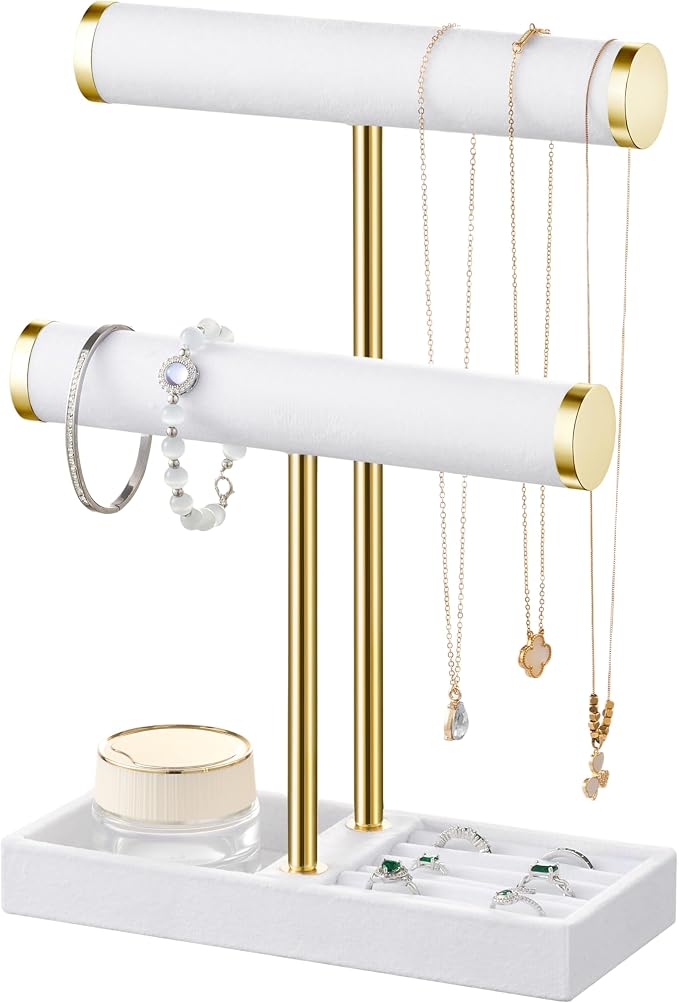 bussdis 2 Tier Bracelet Holder Display - Detachable T Bar White Velvet Bracelet Holder, Jewelry Holder Organizer for Bracelet, Necklace, Earrings, Rings by BUSSDIS
