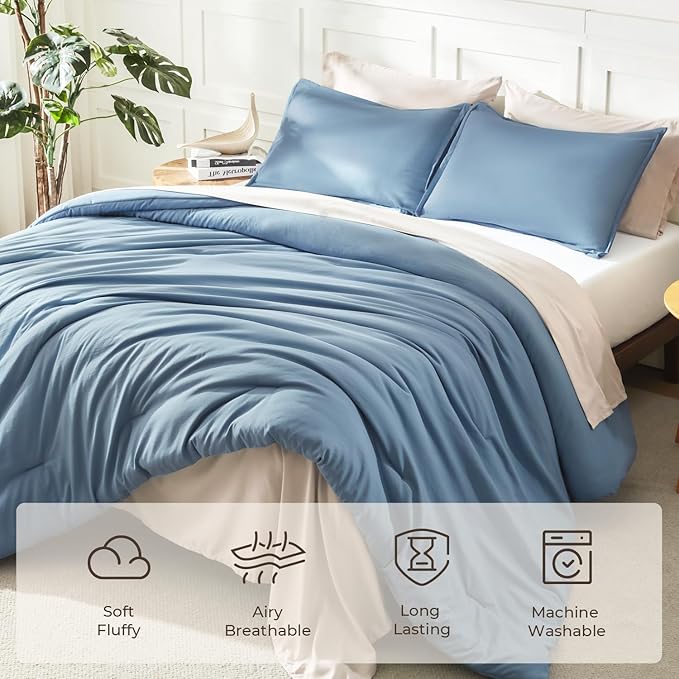 Litanika Comforters Grayish Blue Oversized Queen Size, 3 Pieces Lightweight Solid Bedding Comforter Set, All Season Fluffy Bed Set (98x98In Comforter & 2 Pillowcases)