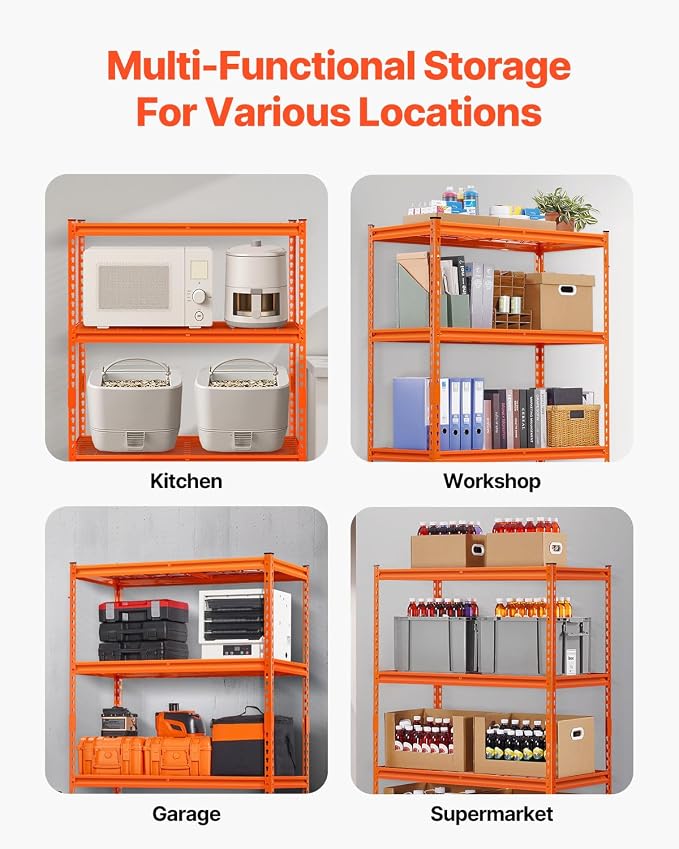 VEVOR Storage Shelves, 2400 lbs, 4 Tier Heavy Duty Garage Shelving, 20" D x 40" W x 60" H Adjustable Metal Shelves for Industrial Shelving Unit Utility Shelf, for Kitchen, Warehouse, Basement, Orange - Image 8