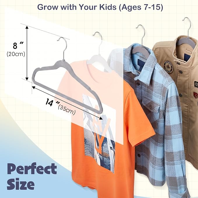 HOUSE DAY 14 Inch Kids Velvet Hangers 50 Pack, Durable Big Kid Hangers for Youth, Teen, Non Slip Kids Felt Hanger, Cute Childrens Hanger for Closet, Grey - Image 3