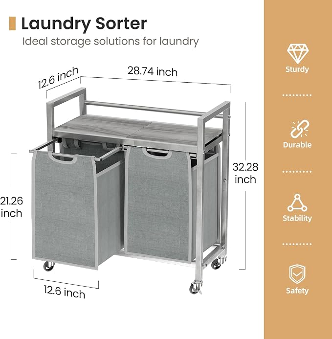 SwaaVee Laundry Hamper, Laundry Basket, Laundry Sorter with 3 Removable Bags, Clothes Basket with 3 Compartments, Wheels, Shelf for Laundry Room Bathroom Bedroom (2 Bags-Gray) - Image 2