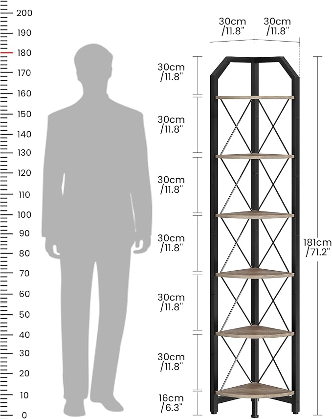 CHOEZON 6-Tier Corner Shelf, Industrial Corner Bookshelf, 71.2" Corner Storage Stand, Plant Stand Display Shelf, Corner Bookcase for Bedroom, Living Room, Home Office, Greige and Black TCJ11BG - Image 2
