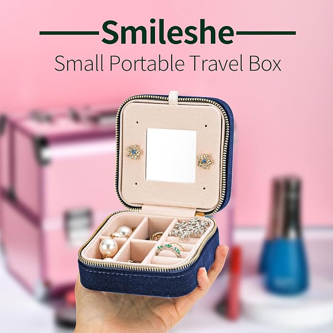 Smileshe Travel Velvet Jewelry Box with Mirror, Mini Gifts Case for Women Girls, Small Portable Organizer Boxes for Rings Earrings Necklaces Bracelets - Image 5