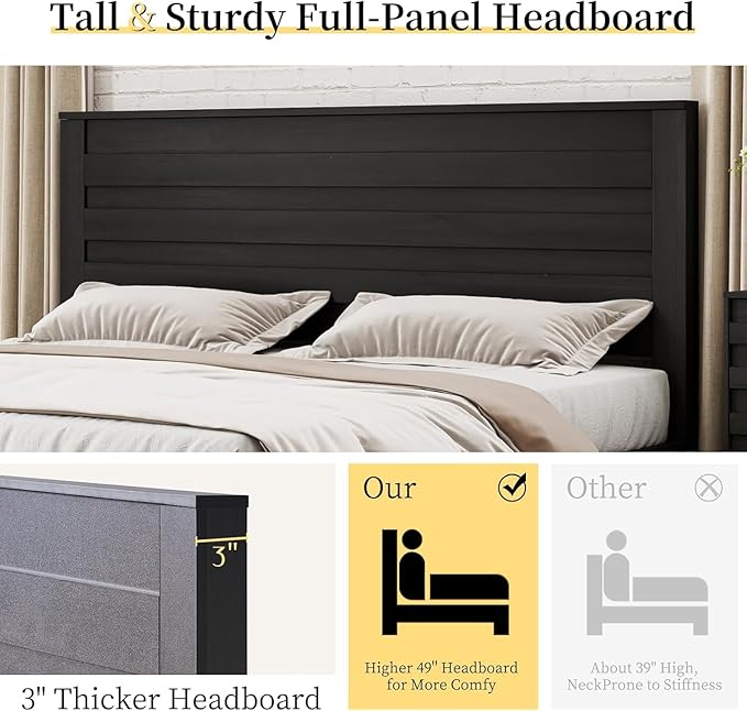 LUXOAK 3 Pcs Bedroom Furniture Sets - Includes Farmhouse King Size Bed Frame with 49" Tall Headboard and Nightstand Sets of 2 with Charging Station, Slated Handles & Stainless Steel Feet, Black